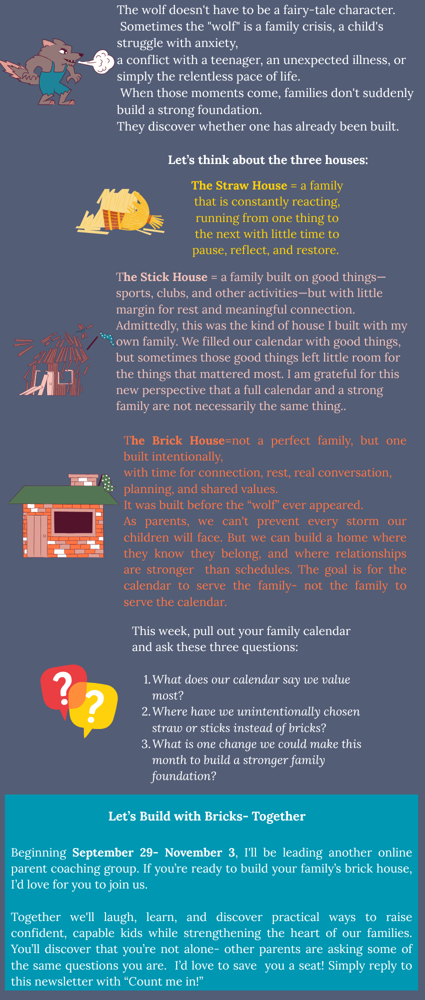 Grace2Grow Family Coaching newsletter sample, page 2 - The Three Houses reflection