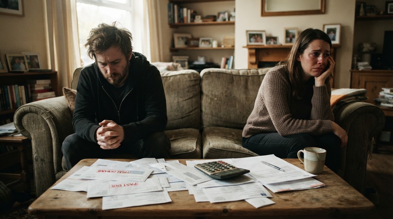 Pareja conversando de forma tranquila sobre sus finanzas en la mesa de la cocina en 2026