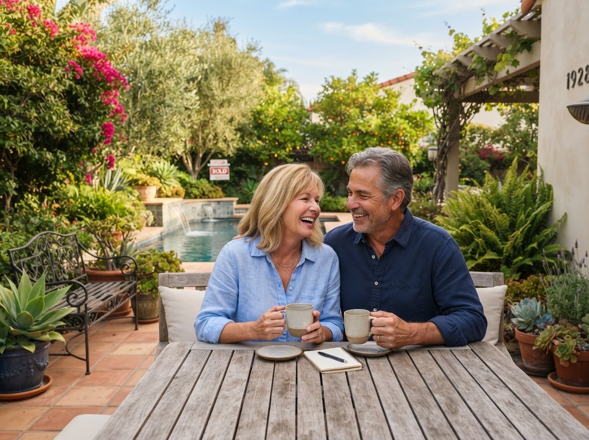 Couple on sunny patio after cash offer