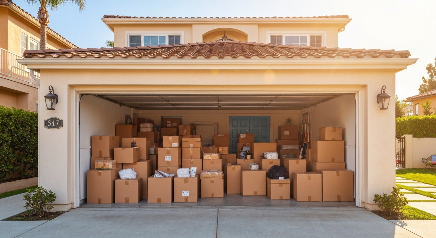 Front of a Southern California home with an open garage stacked full of moving boxes