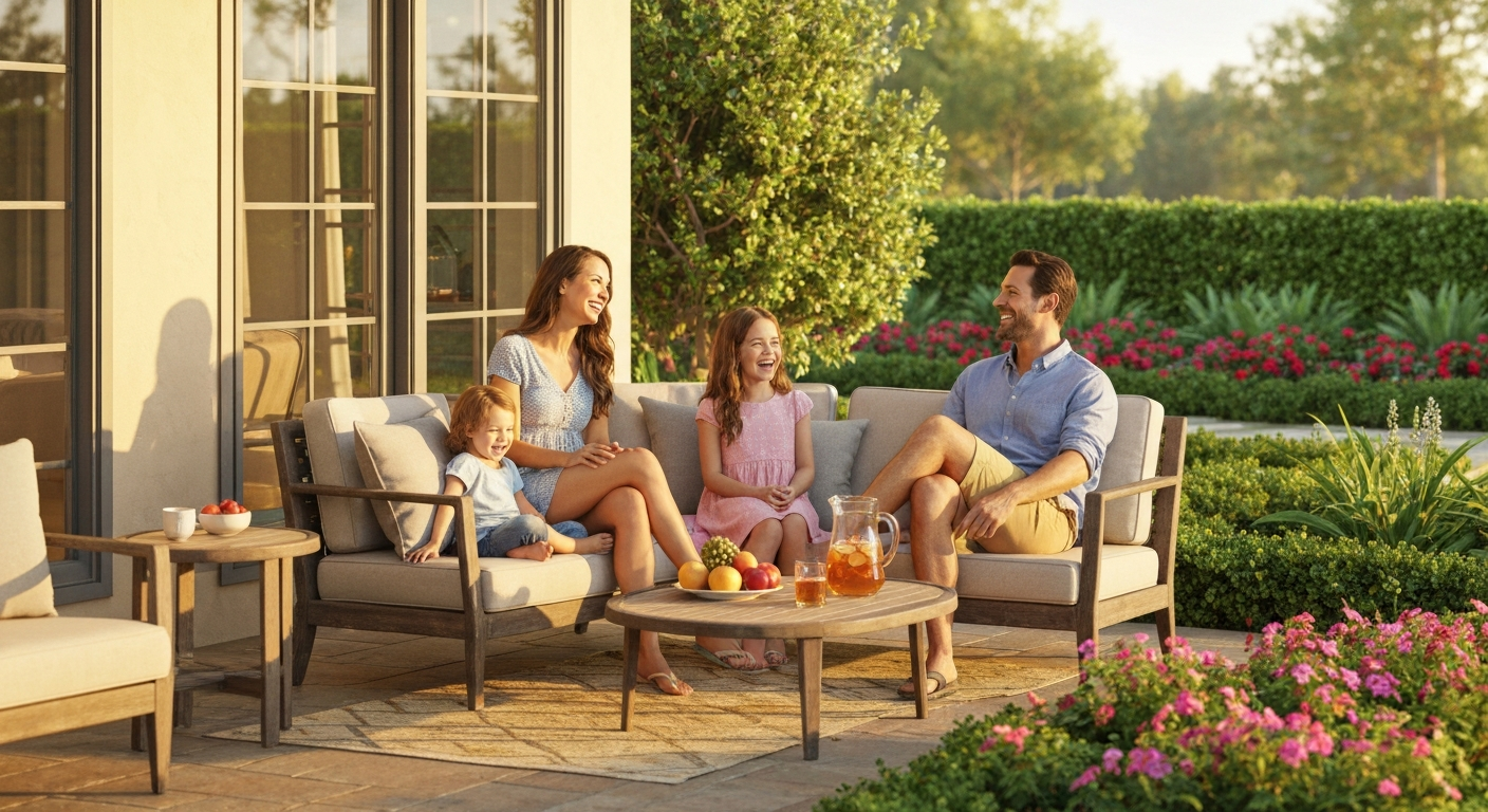 Happy family relaxing on a beautiful sun-drenched patio of a North San Diego County home