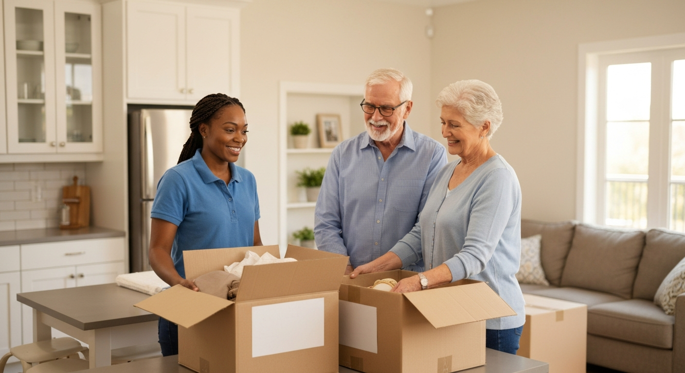 Professional move manager helping a homeowner pack