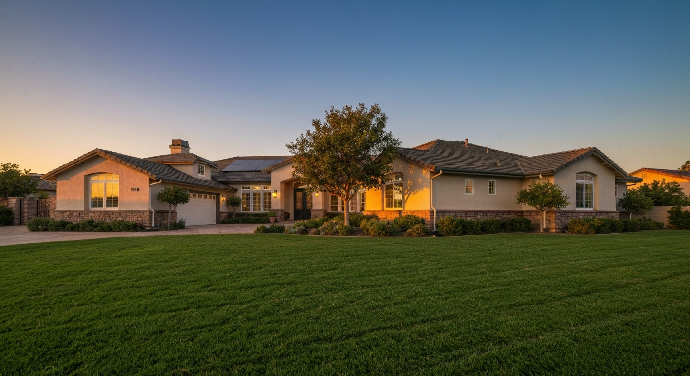 Beautiful single-story luxury home at sunset in North County