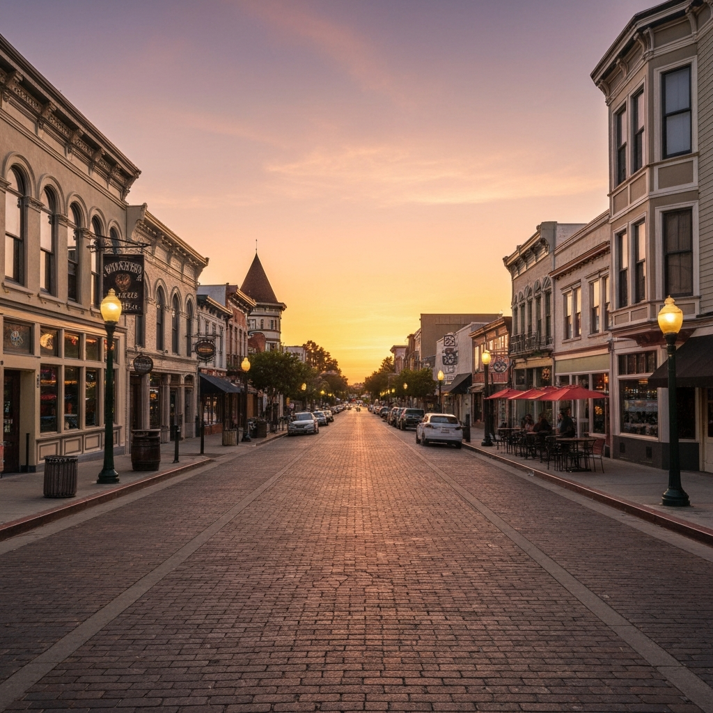 Historic downtown Vista dining and brewery scene at sunset