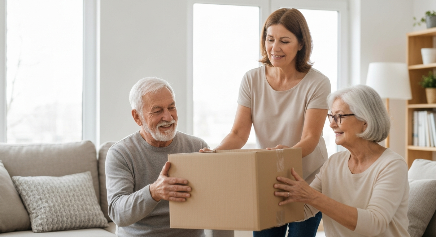 Adult child helping senior parents pack boxes in a bright living room