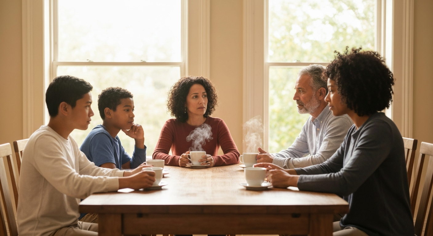 Family having a thoughtful discussion
