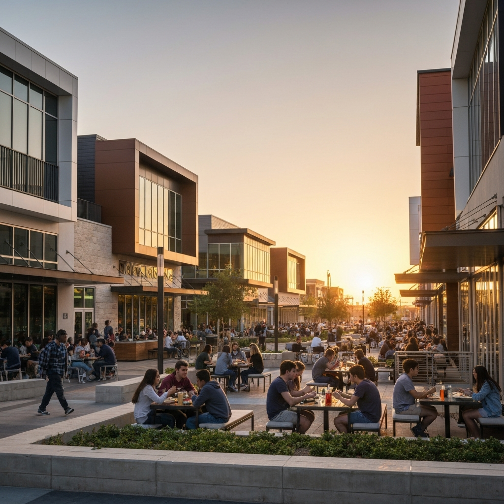 Modern urban dining plaza in North City, San Marcos at sunset