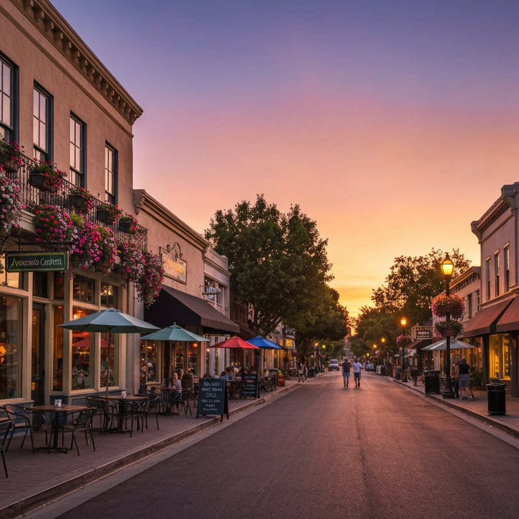Charming rural downtown Fallbrook dining scene at sunset