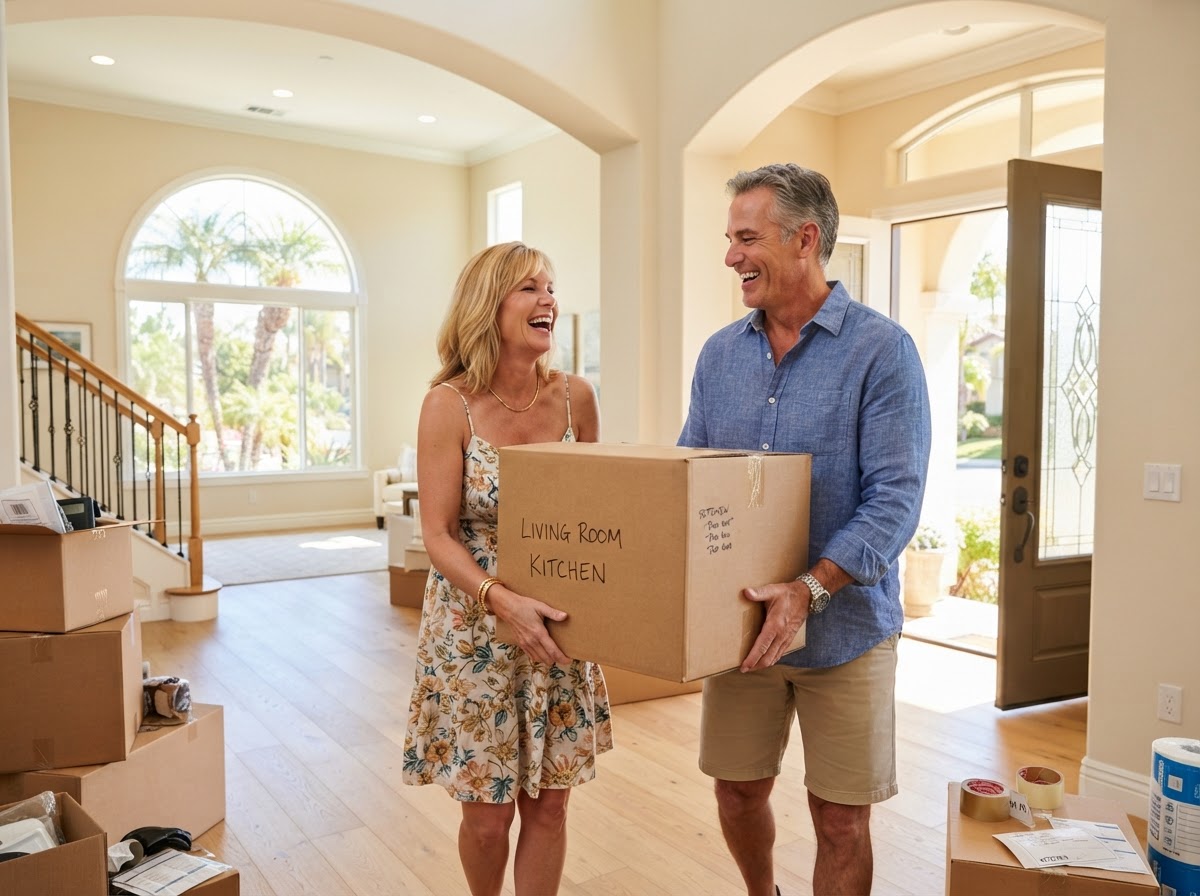 Happy couple moving into new home