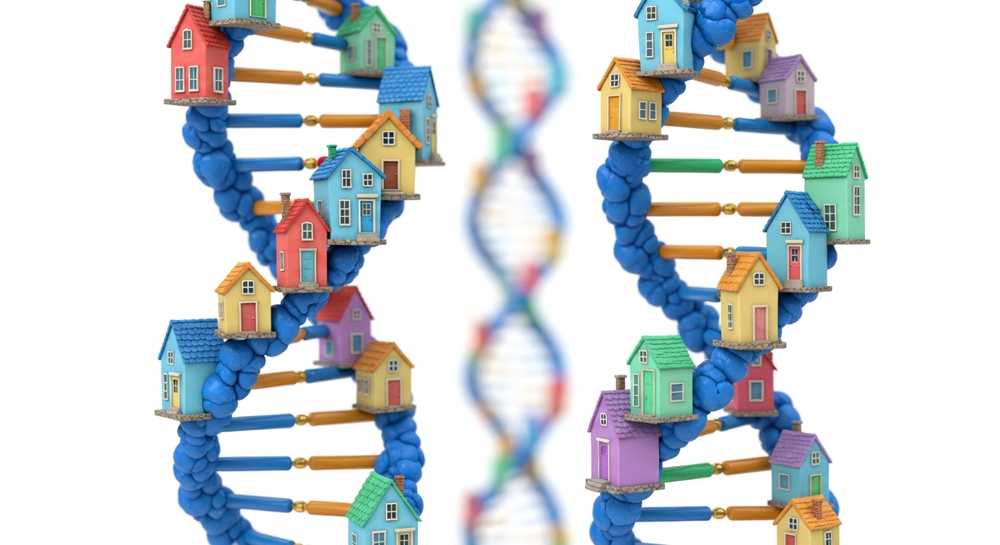 Home DNA Survey — colorful DNA helix with cute miniature houses