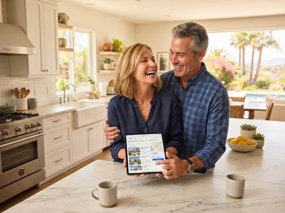 Happy couple reviewing home offers on tablet in warm kitchen