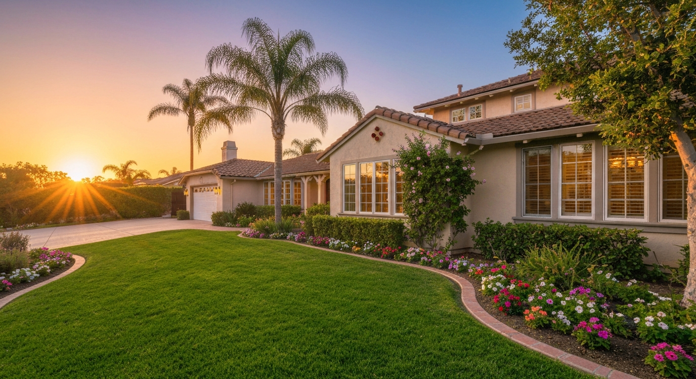 Beautiful Southern California home exterior at sunset