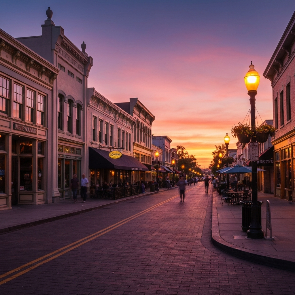 Historic Grand Avenue in Escondido with outdoor dining at sunset