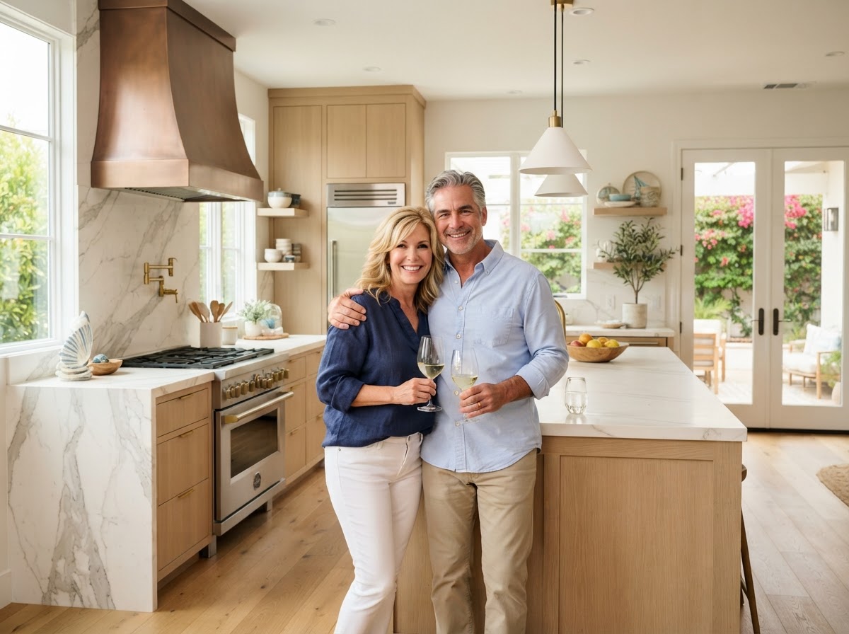 Couple in renovated kitchen