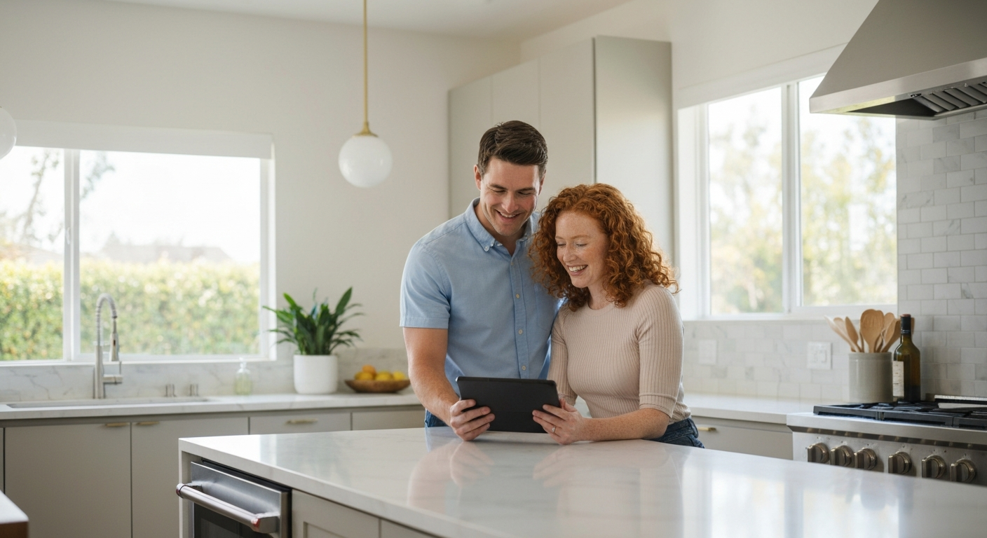 Couple reviewing home affordability in a modern kitchen