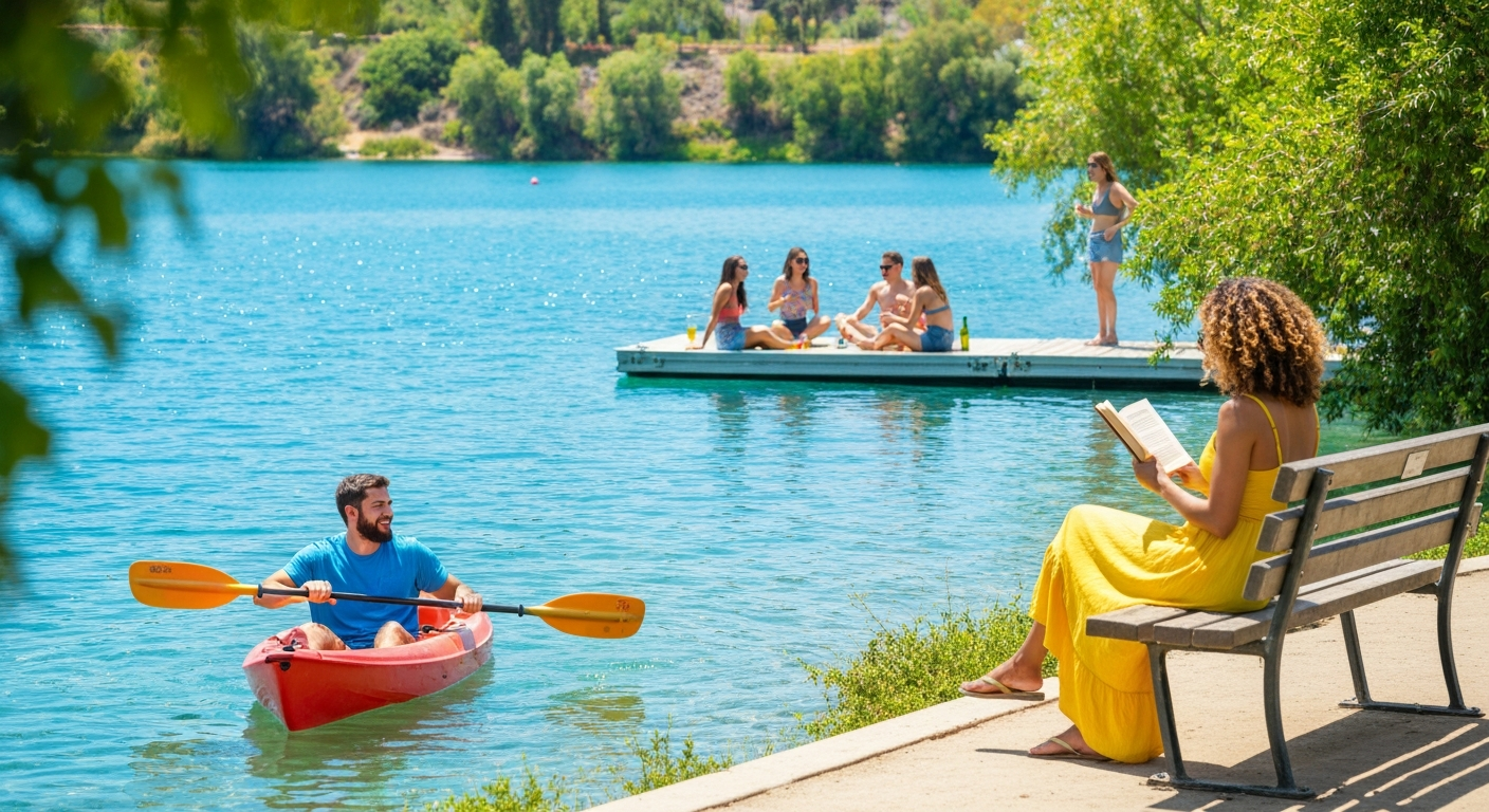 Vibrant lifestyle scene around Lake San Marcos