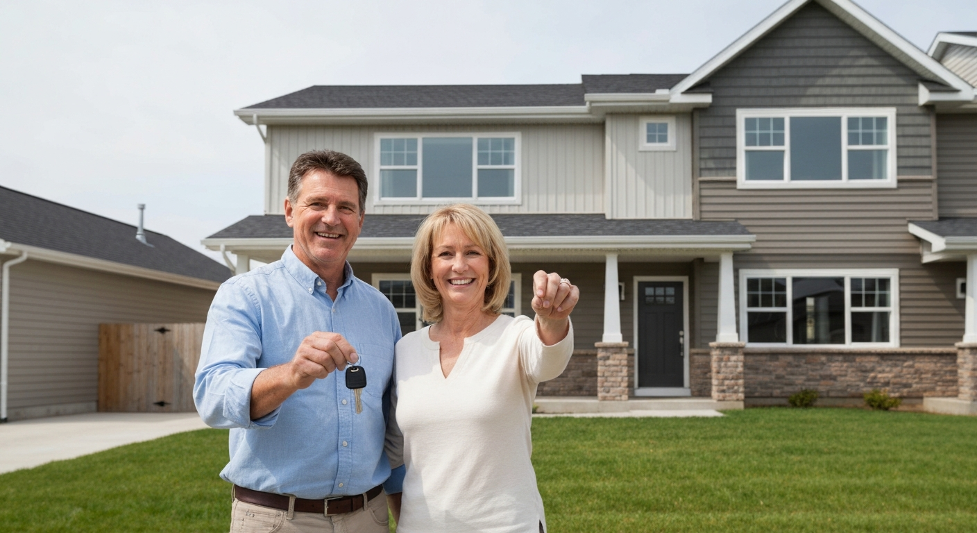 A couple smiling outside their new home, holding keys