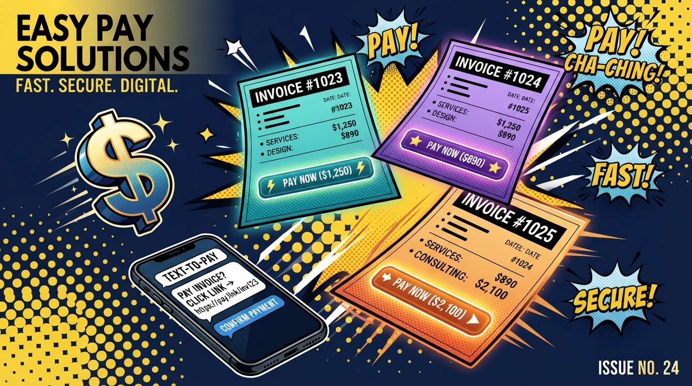 Pop-art illustration of three floating invoice documents in teal, violet and orange with glowing payment buttons and a text-to-pay phone screen on a dark background