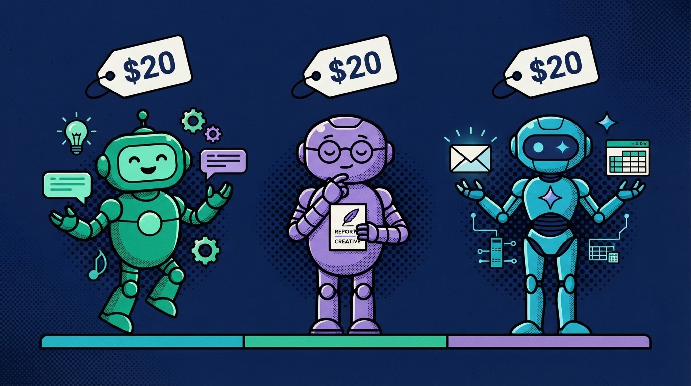 Vibrant pop-art illustration of three AI assistant robots — green, violet, and teal — each with a $20 price tag, comparing ChatGPT, Claude and Gemini on a dark navy background