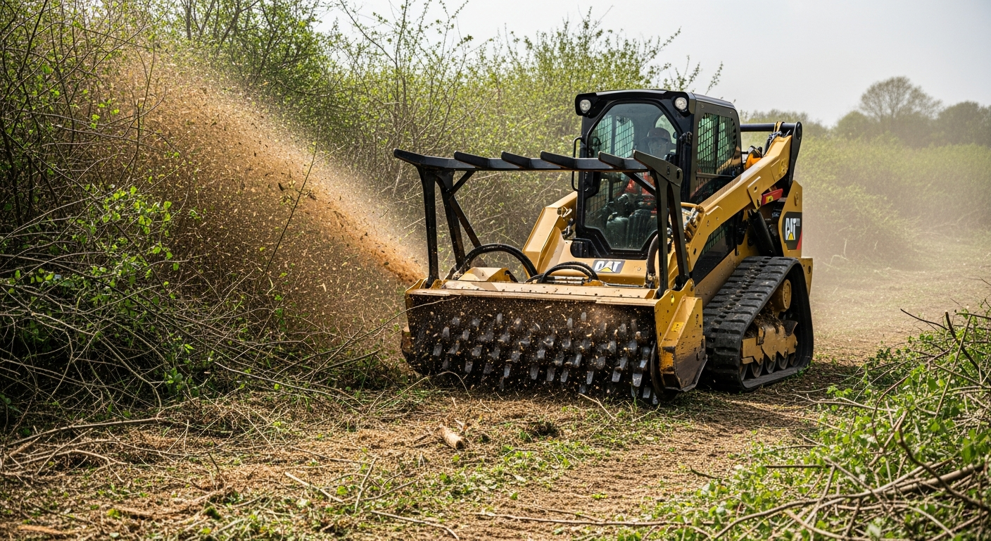 Compact track loader with forestry mulcher clearing an overgrown field