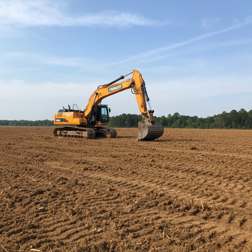 Cleared land and heavy excavator