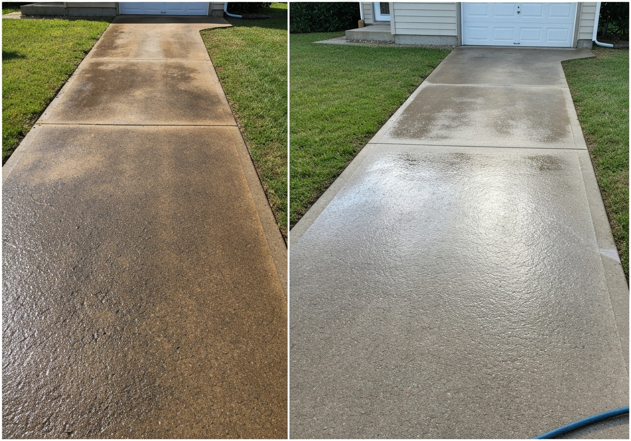 Before and after pressure washing concrete