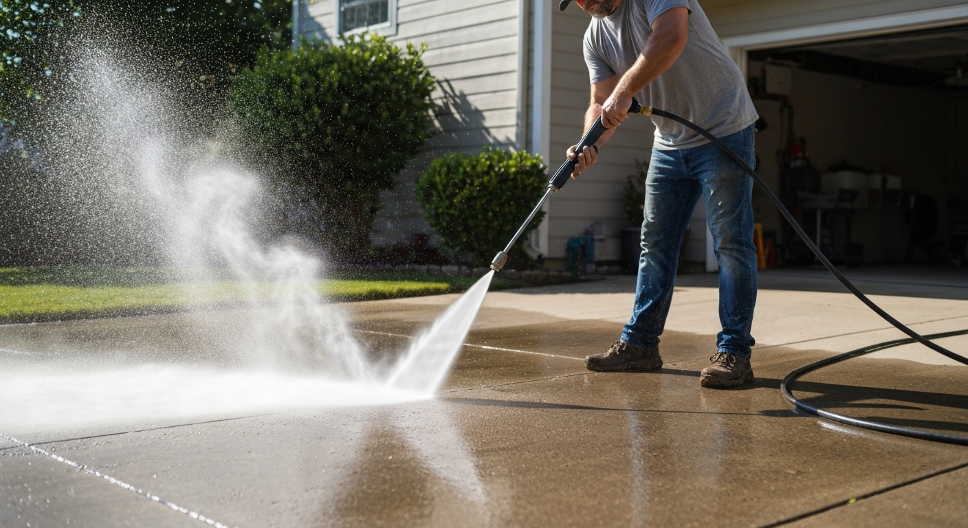 Professional pressure washing a driveway