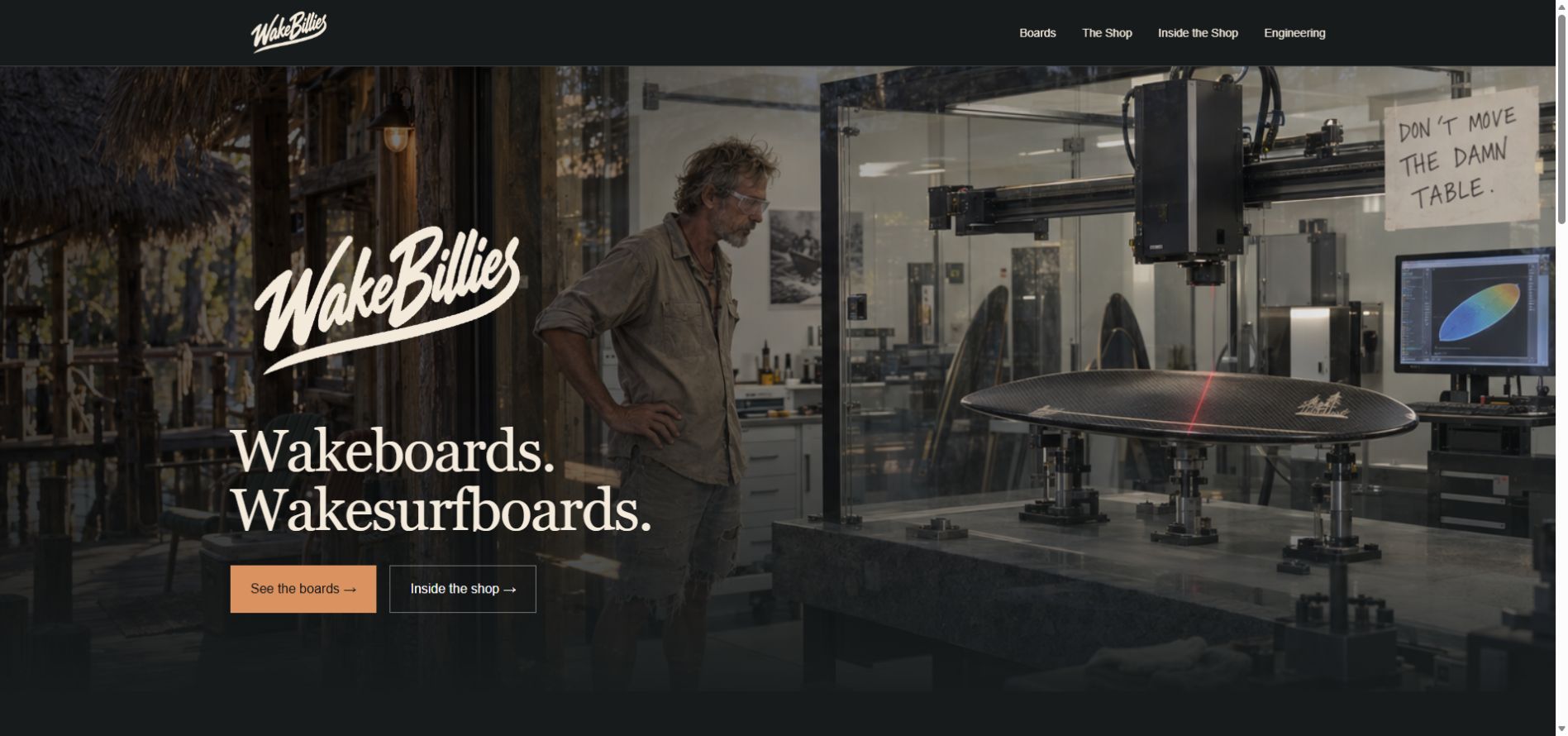 WakeBillies website homepage screenshot featuring workshop wakeboard shaping craftsmanship and brand lifestyle hero