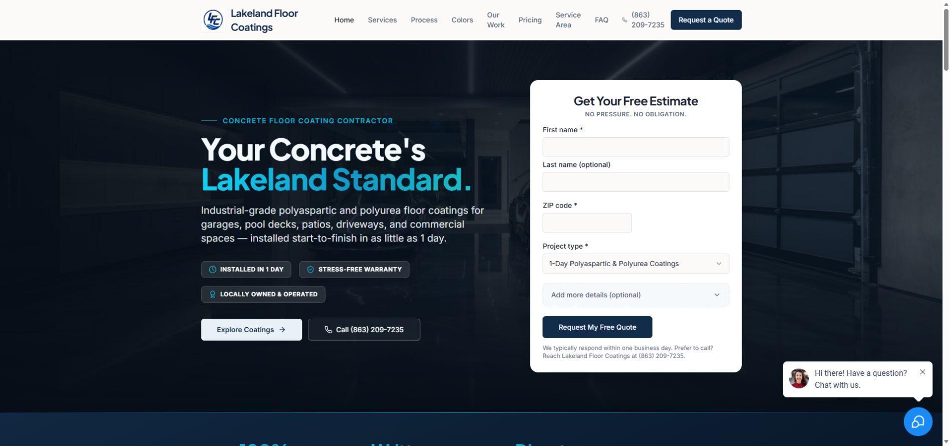 Lakeland Floor Coatings website homepage screenshot showing dark-mode garage background, free estimate form, and polyaspartic coating offerings