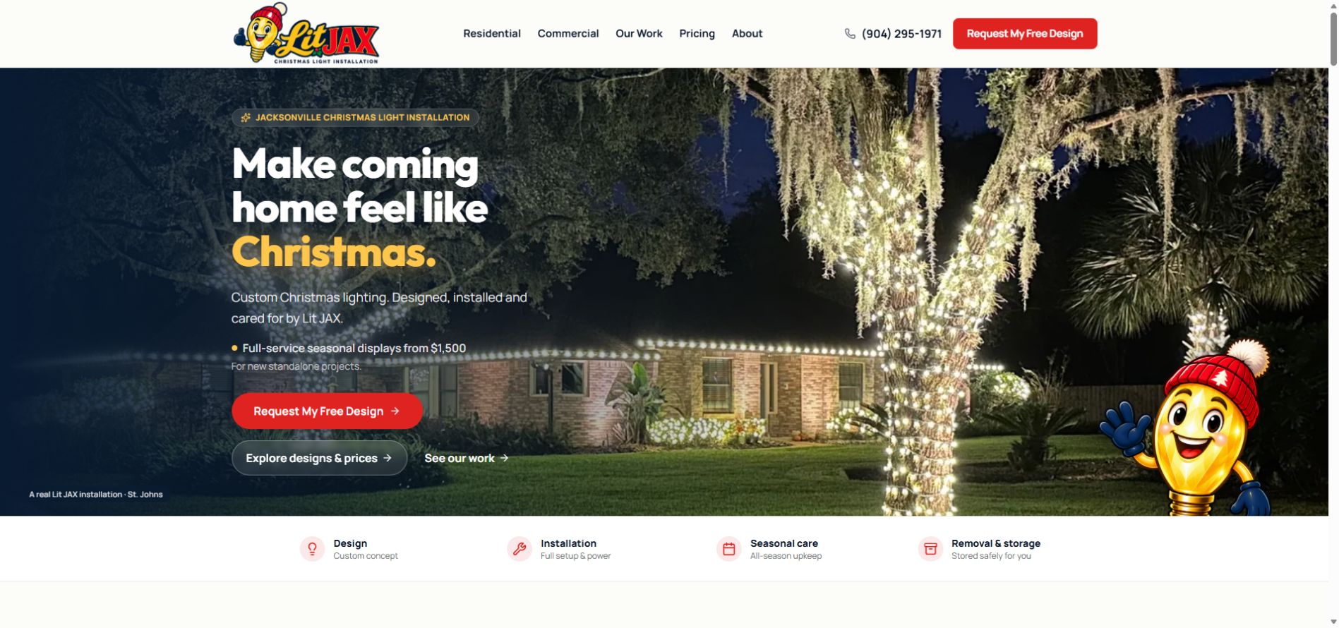 Lit JAX holiday lighting website homepage screenshot featuring custom residential Christmas light installation