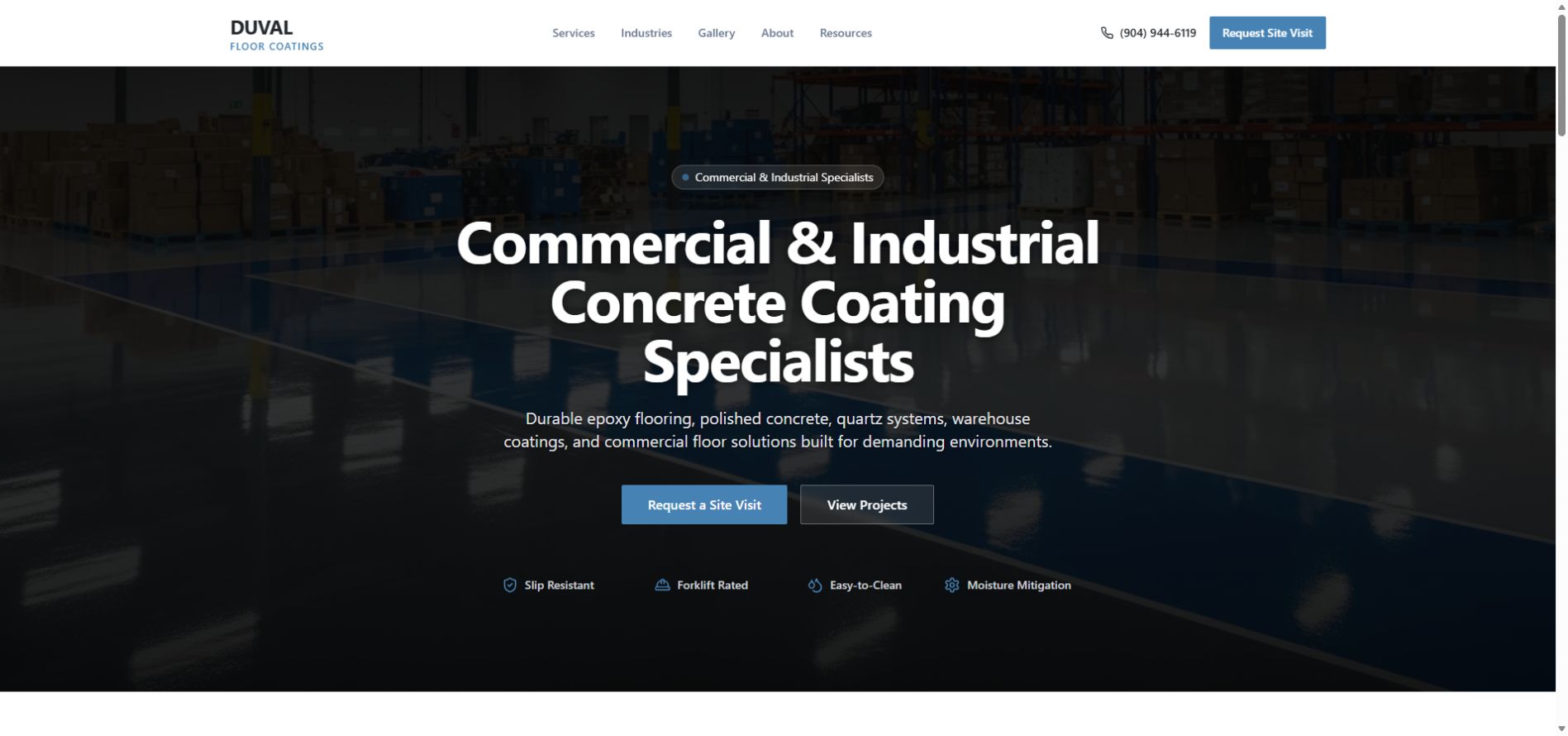 Duval Floor Coatings website homepage screenshot showing commercial and industrial concrete coating solutions