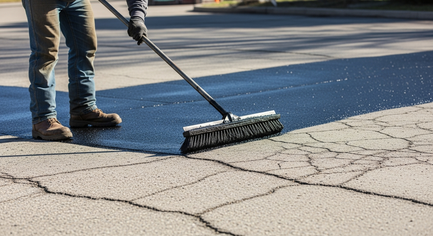 Professional asphalt sealcoating worker applying sealer to pavement
