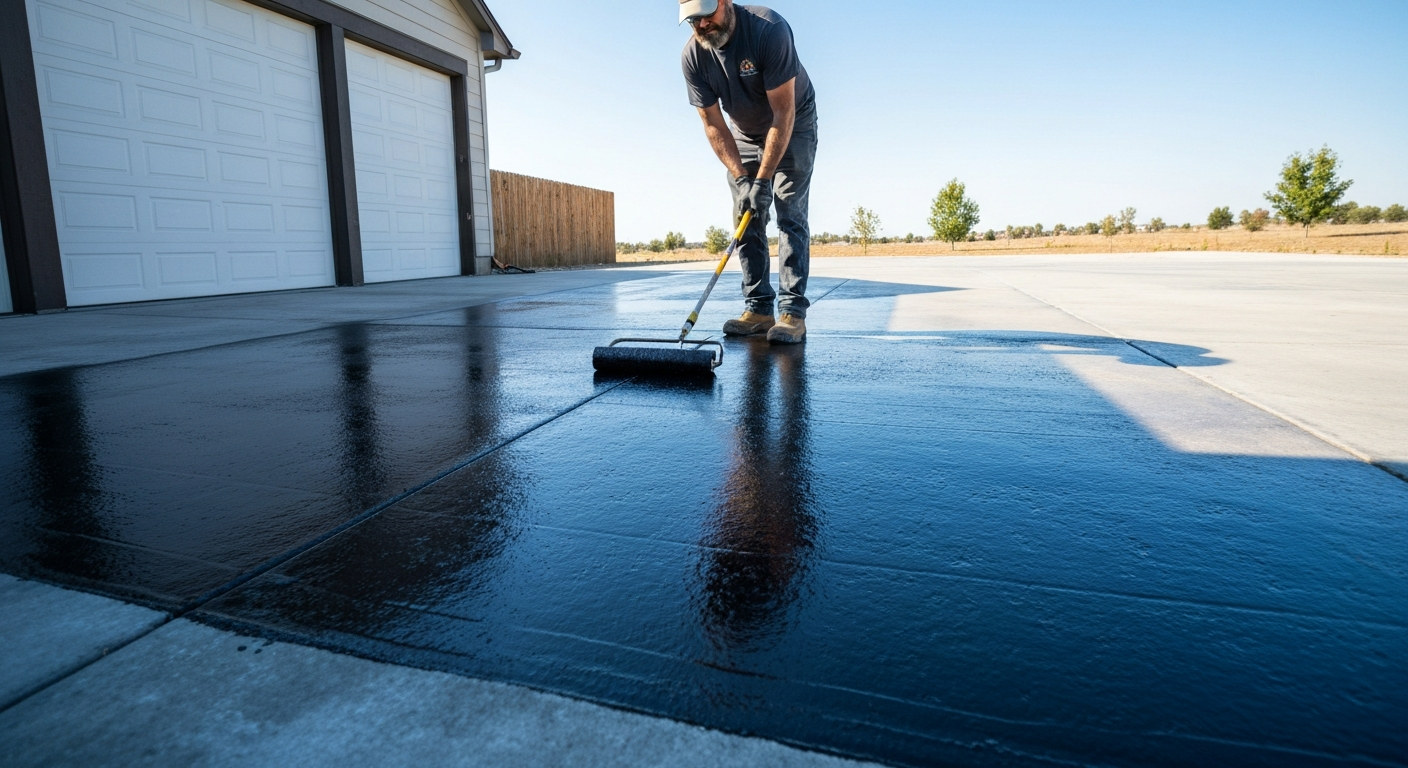 Professional concrete sealing on residential driveway
