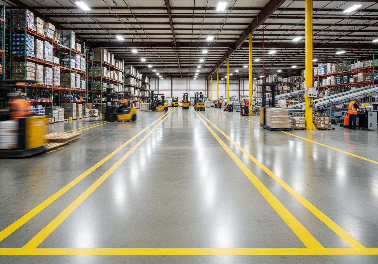 Large warehouse with fresh OSHA floor striping and active machinery