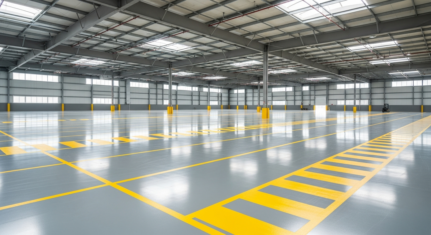 Warehouse interior with OSHA-compliant floor striping
