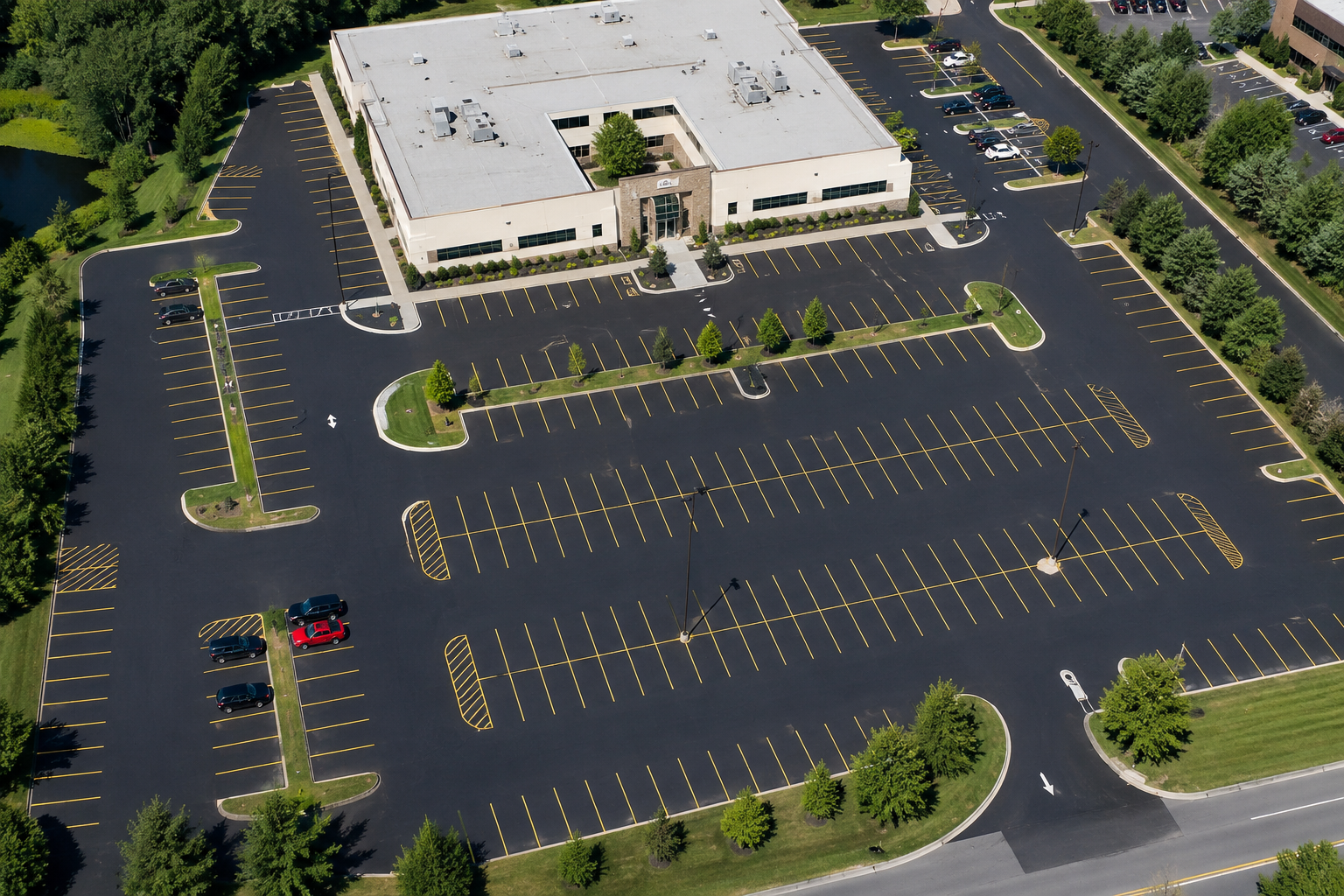 Aerial view of a large freshly sealed commercial parking lot with yellow striping