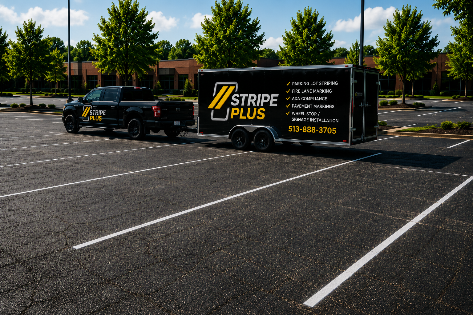 Stripe Plus truck and trailer in parking lot