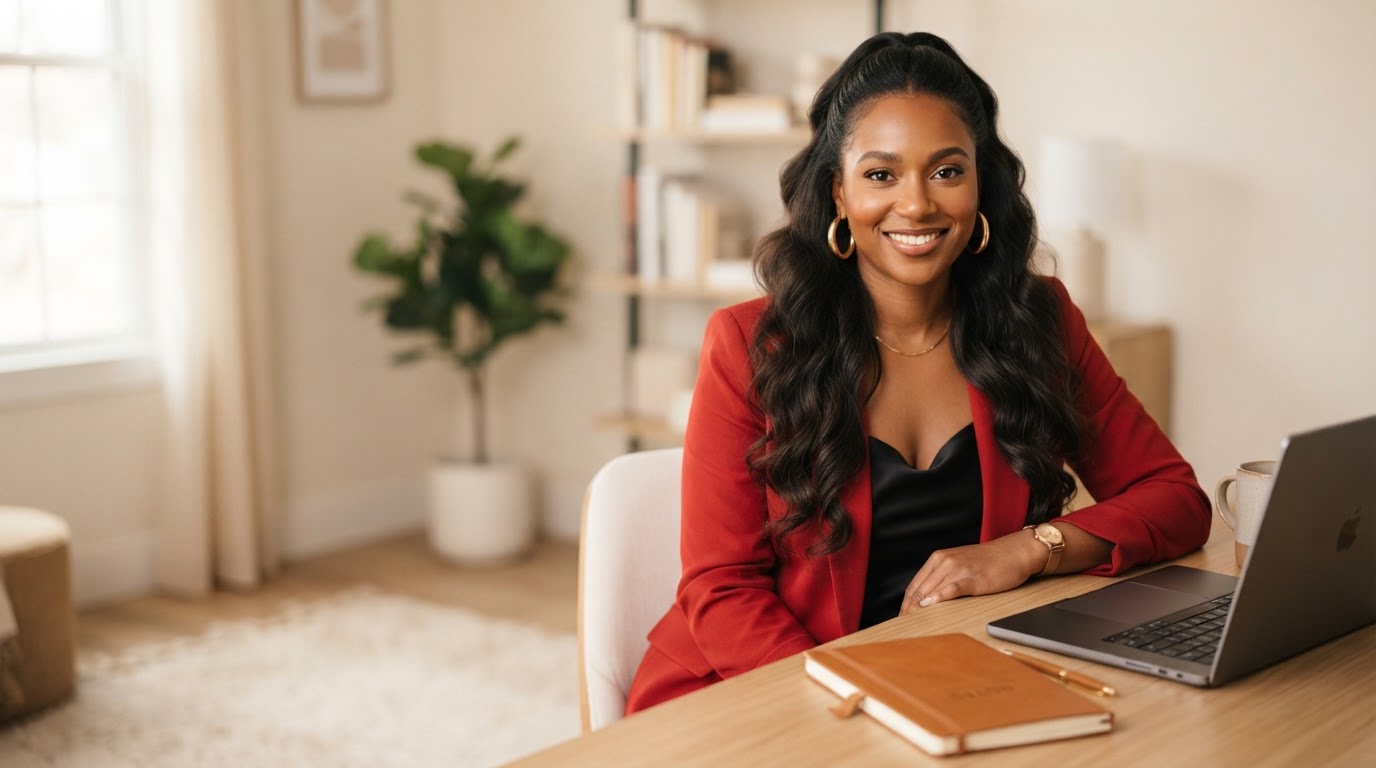 Confident freight agent in her late 20s with warm brown skin, long flowing hair, large gold hoop earrings, and a red blazer looking directly at the viewer from a clean home office
