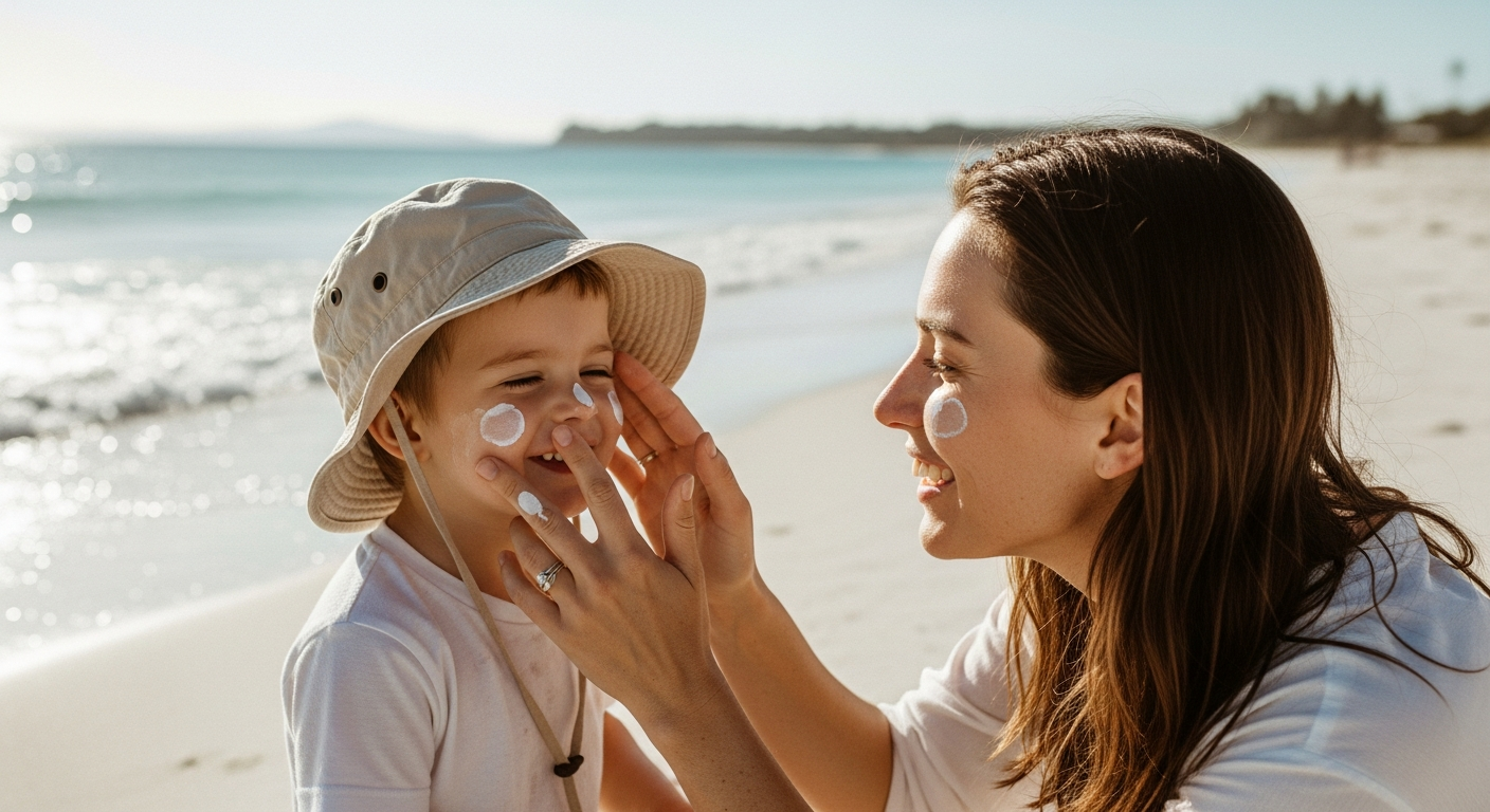 Family applying mineral sunscreen at the beach