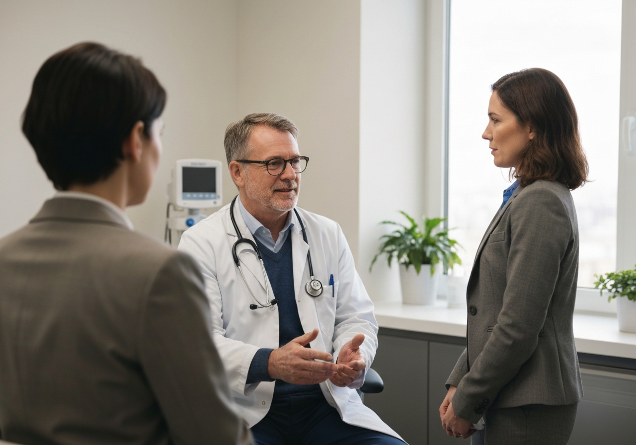 Physician and healthcare administrator having a natural conversation about referral relationships
