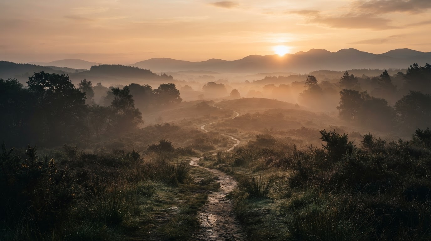 Sonnenaufgang über einem gewundenen Weg als Symbol für den Aufbruch ins Unbekannte einer Gründung