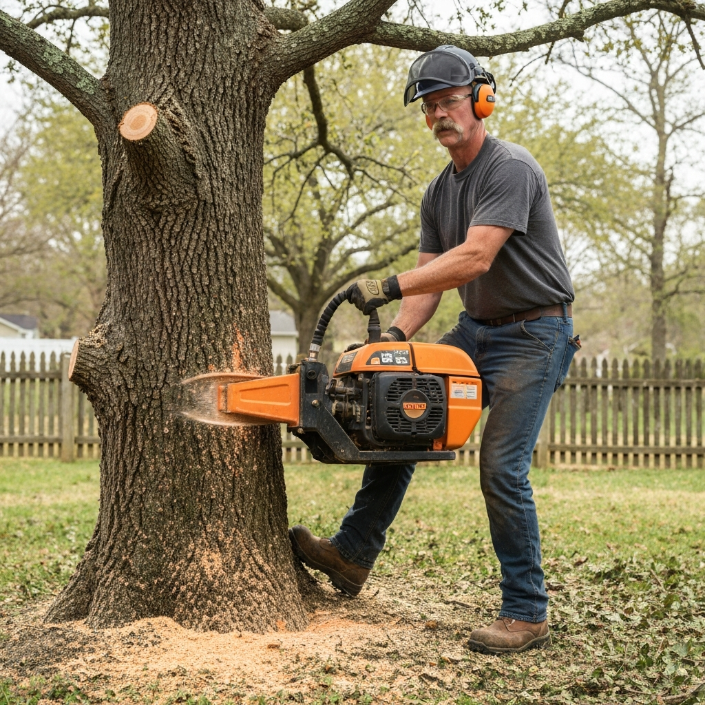Professional arborist cutting down a tree with tree removal equipment