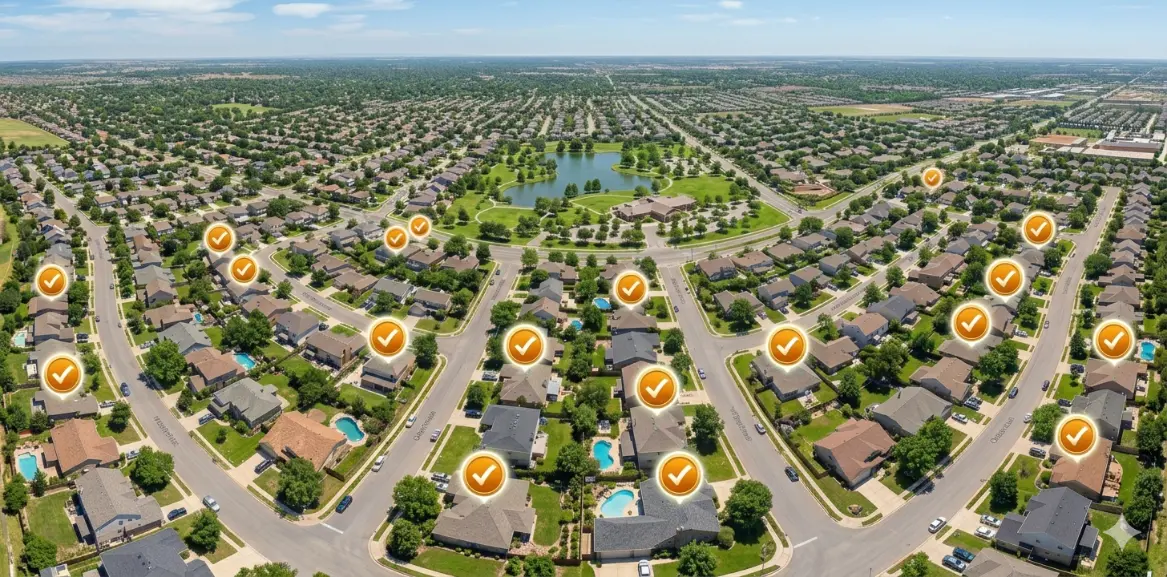 Aerial view of local neighbourhood with ranked businesses