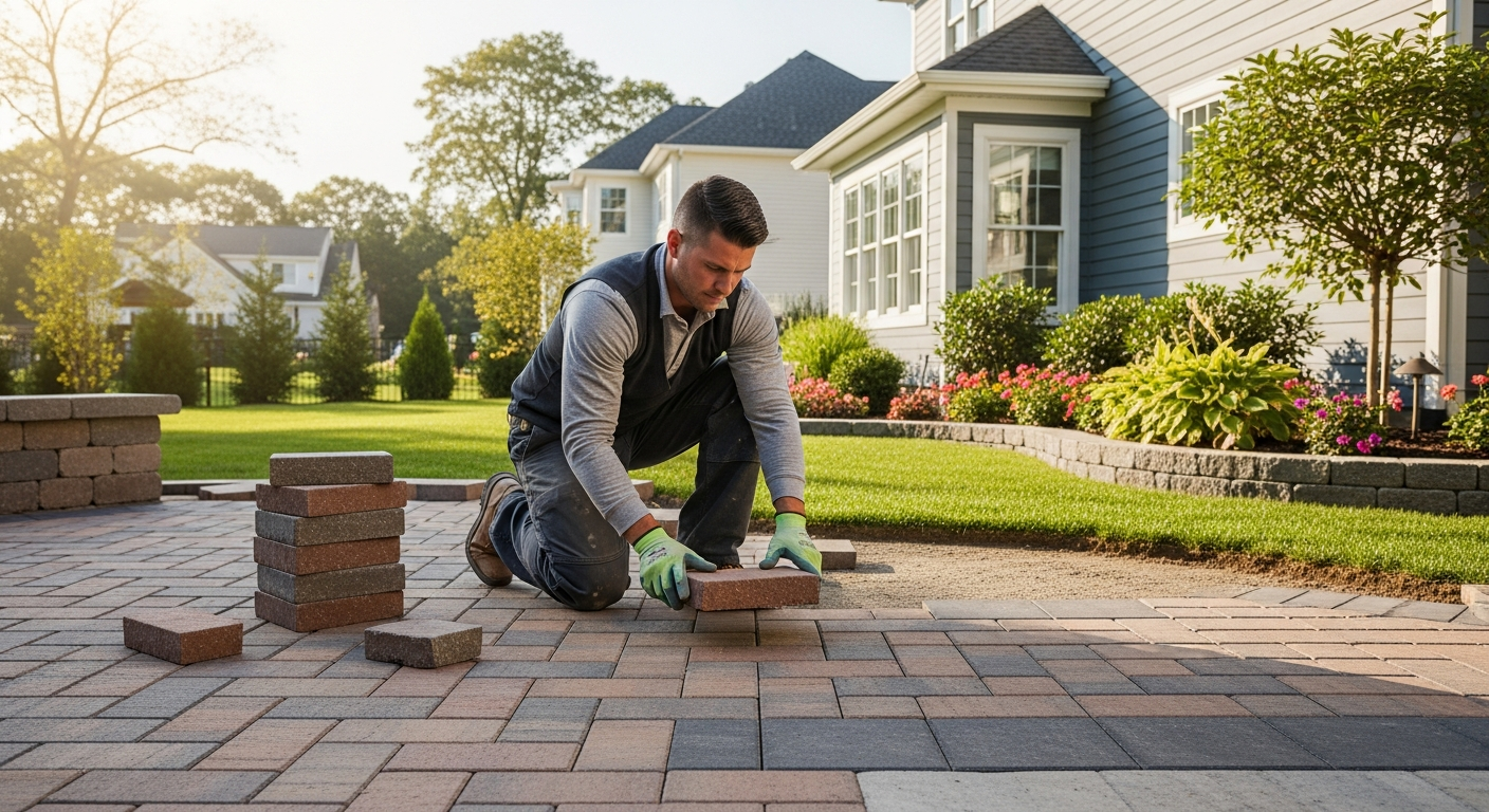 masonry contractor working on paver patio in Farmingville NY