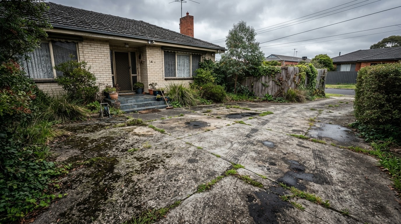Before pressure cleaning — dirty moss-covered driveway
