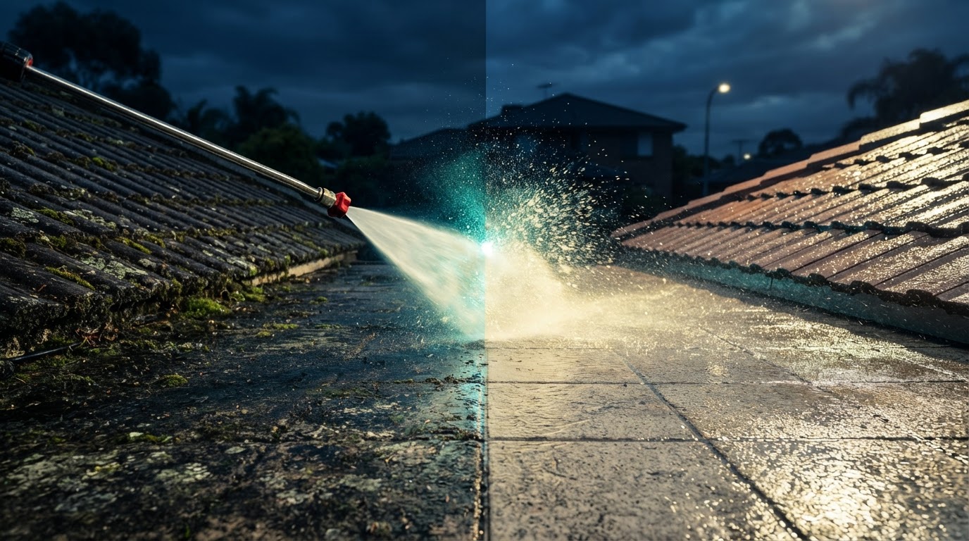 High-pressure cleaning transforming a Melbourne roof and driveway