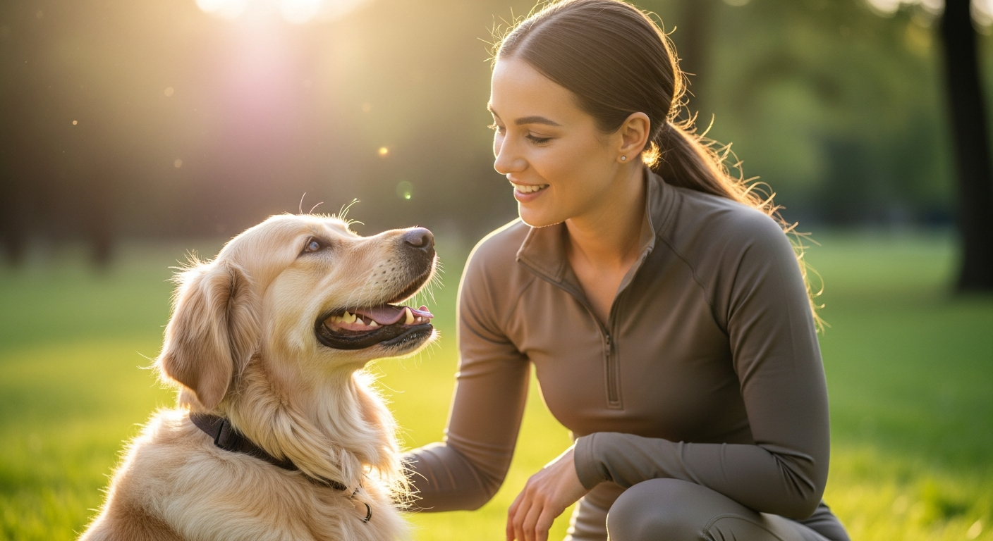 Happy dog with trainer