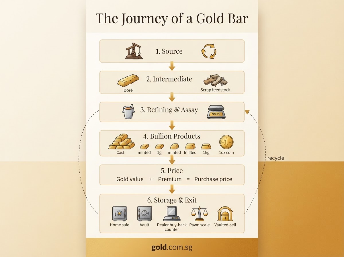 The journey of a gold bar, a representative pathway from mined or recycled source through doré and intermediate material, refining and assaying, cast or minted bullion products, price composition of underlying gold value plus premium, and storage and exit routes (home safe, vault, dealer buy-back, pawn loan, vaulted-product sell), looping back to refining through recycling.