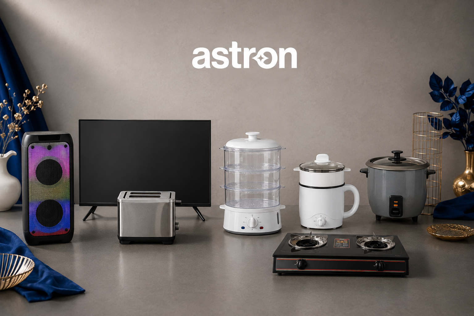 Mid tier crowd favorite appliances collage showing TV, speaker, rice cooker, toaster, steamer and gas stove