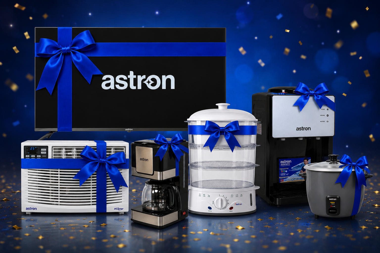 Astron appliances gift package with air conditioner, coffee maker, rice cooker, water dispenser and TV with blue ribbons